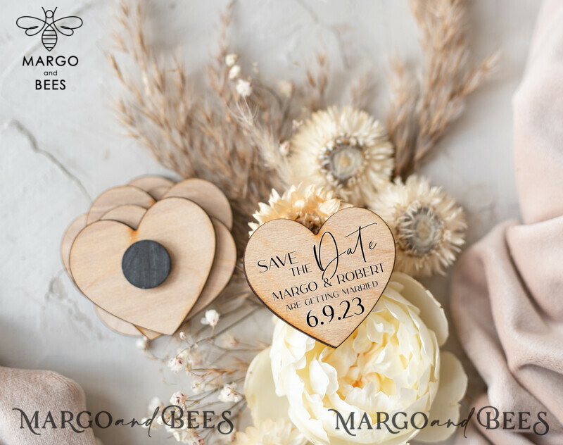 Wedding Save The Date Card and Heart Magnet: Beige Ivory Save Our Date Magnets, Boho Wooden Magnets Cards-3