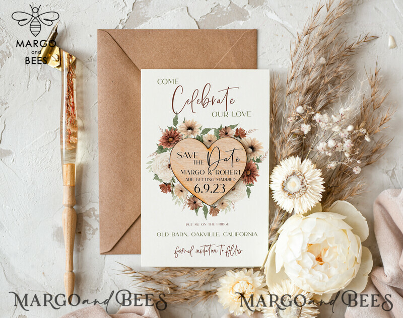 Wedding Save The Date Card and Heart Magnet: Beige Ivory Save Our Date Magnets, Boho Wooden Magnets Cards-0