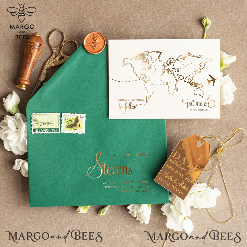 Luxury Travel Save the Date Acrylic gold Tag Magnet and Card, Gold dark green Luggage Tag Wedding Save The Dates Acrylic Magnets,  Save The Date Cards-3
