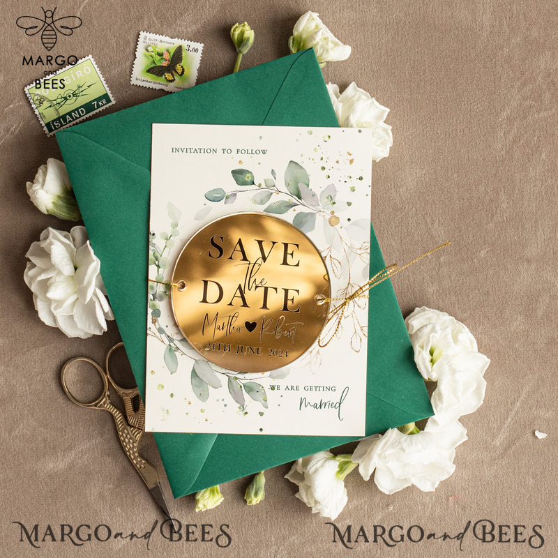 Luxury Green and Gold Save the Date Acrylic Magnet and Card, Gold Wedding Save The Dates Acrylic Magnets, Dark Green envelope Save The Date -2