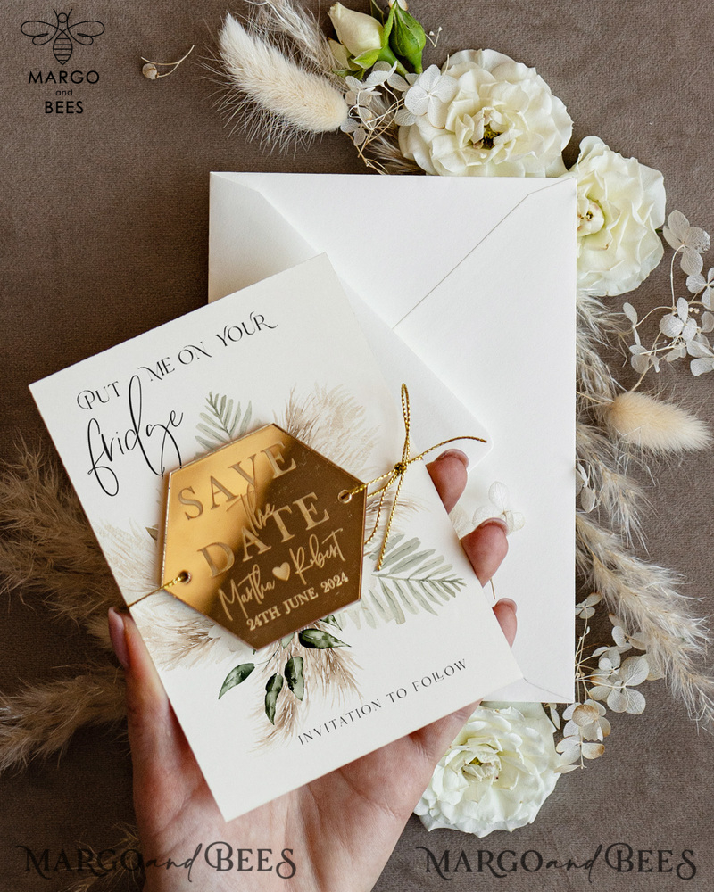 Personalised Gold Acrylic hexagon Save the Date Magnet and Card, ivory Wedding Save The Dates Plexi Magnets, Wedding Boho Save The Date Cards-5