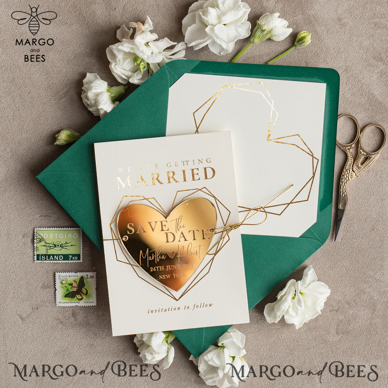Elegant Save the Date Heart Magnet and Card, Gold Dark Green Elegant Wedding Save The Dates Acrylic Heart-0