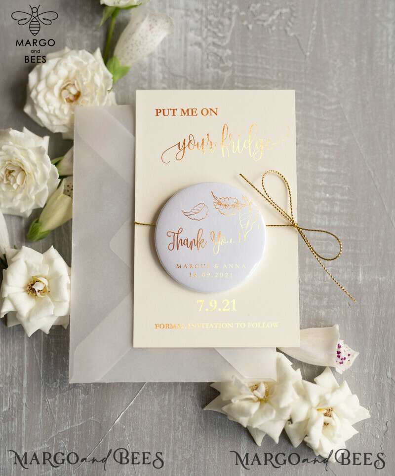Stunning Personalised Gold Save the Date Magnet and Card for Your Wedding, Elegant Vellum Wedding Save The Dates Magnets, Beautiful Wedding Boho Save The Date Cards to Wow Your Guests-4