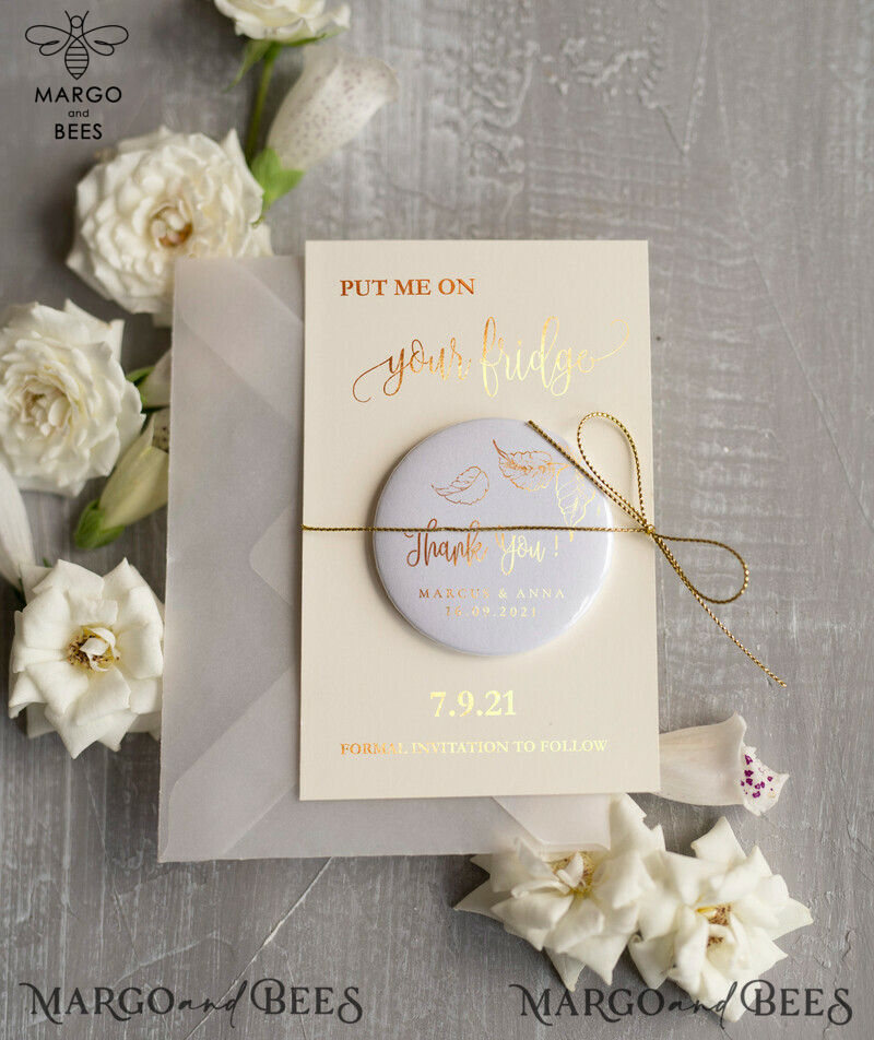 Stunning Personalised Gold Save the Date Magnet and Card for Your Wedding, Elegant Vellum Wedding Save The Dates Magnets, Beautiful Wedding Boho Save The Date Cards to Wow Your Guests-0