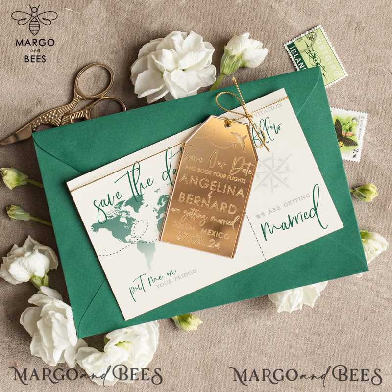 Personalised Travel Save the Date Acrylic Tag Magnet and Card, Gold dark green Luggage Tag Wedding Save The Dates Acrylic Magnets, Save The Date Cards-1