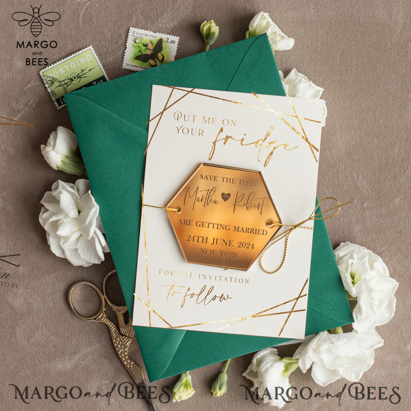 Luxury Save the Date Hexagon Acrylic Magnet and Card, Greenery Gold Greenery Elegant Wedding Save The Dates Acrylic Magnets, glamour Save The Date Cards-3