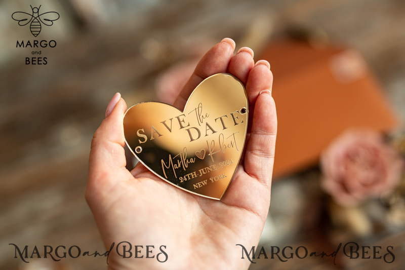Personalised Save the Date Heart Acrylic Magnet and Card, Gold Terracotta Elegant Wedding Save The Dates Acrylic Heart, boho Save The Date Cards-6