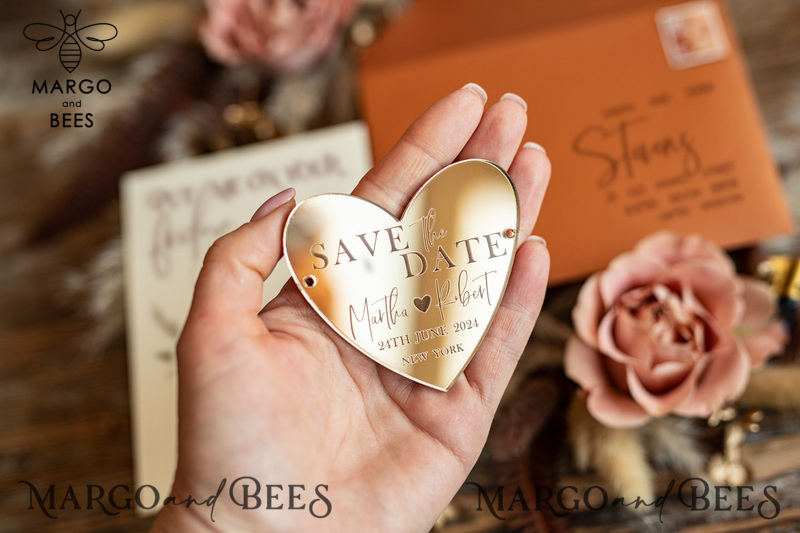 Personalised Save the Date Heart Acrylic Magnet and Card, Gold Terracotta Elegant Wedding Save The Dates Acrylic Heart, boho Save The Date Cards-7