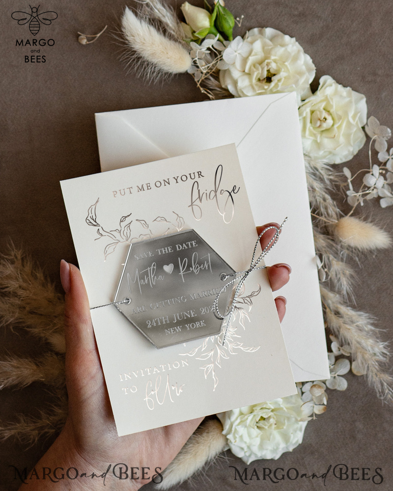 Luxory Silver Acrylic hexagon Save the Date Magnet and Card, Wedding Save The Dates Plexi Magnets, Wedding Boho Save The Date Cards-6