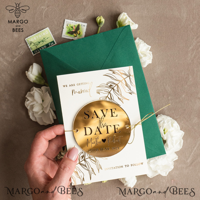 Elegant Save the Date Magnet and Card, Gold Dark Green Elegant Wedding Save The Dates Acrylic tag-3