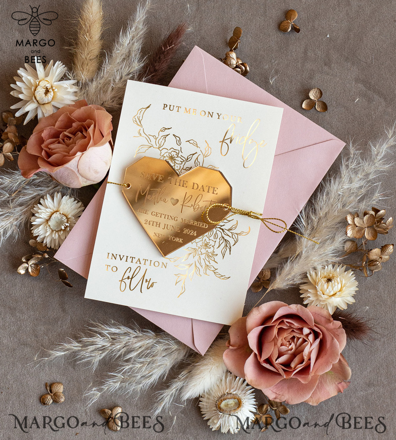 Personalised Gold Acrylic Heart Save the Date Magnet and Card, blush Pink Wedding Save The Dates Plexi Magnets, Wedding Boho Save The Date Cards-0