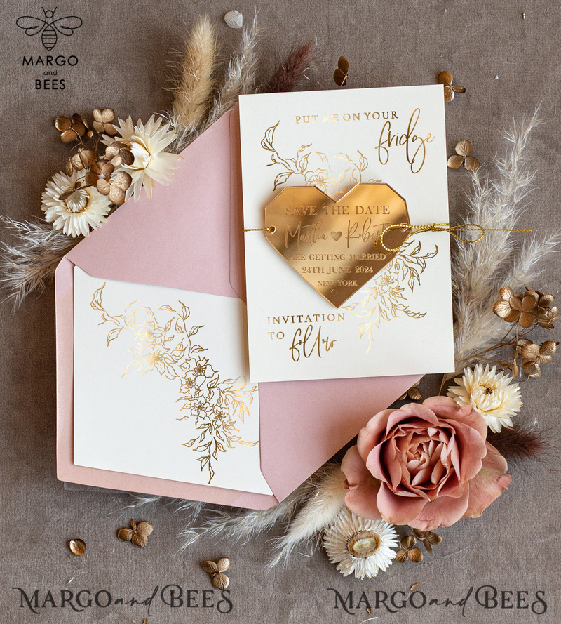 Personalised Gold Acrylic Heart Save the Date Magnet and Card, blush Pink Wedding Save The Dates Plexi Magnets, Wedding Boho Save The Date Cards-2