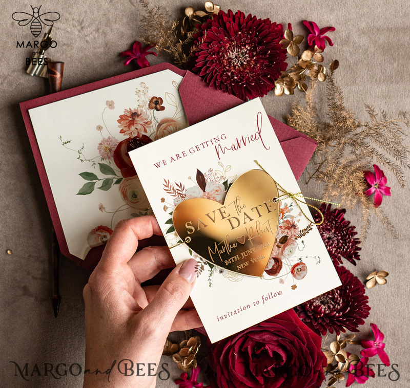 Personalised Save the Date Heart Magnet and Card, Marrone Elegant Wedding Save The Dates Acrylic Gold Heart-3