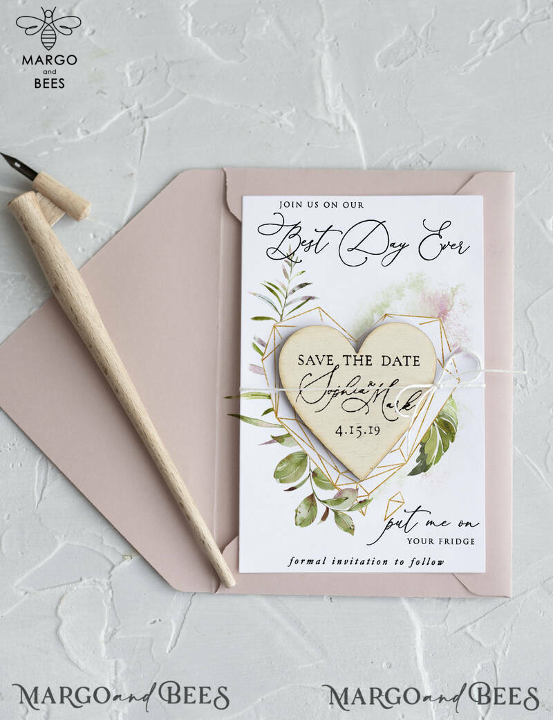 Save the Date Card with Geometric greenery Heart with Personalised Rustic Wooden Fridge Magnet -3
