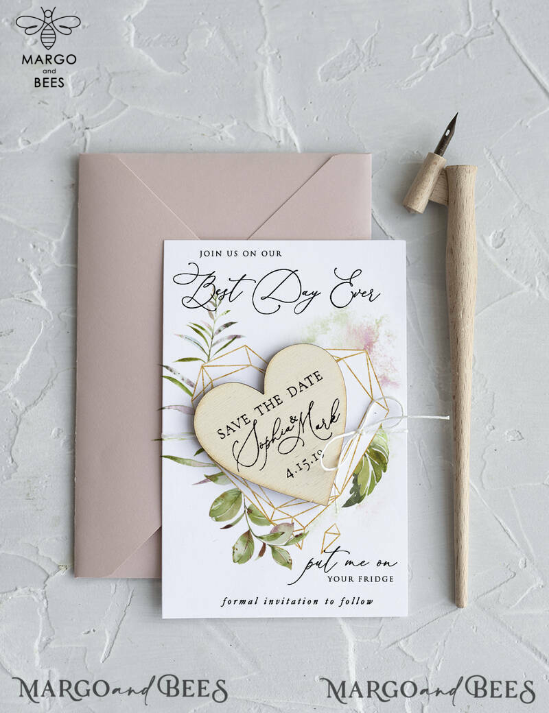 Save the Date Card with Geometric greenery Heart with Personalised Rustic Wooden Fridge Magnet -4