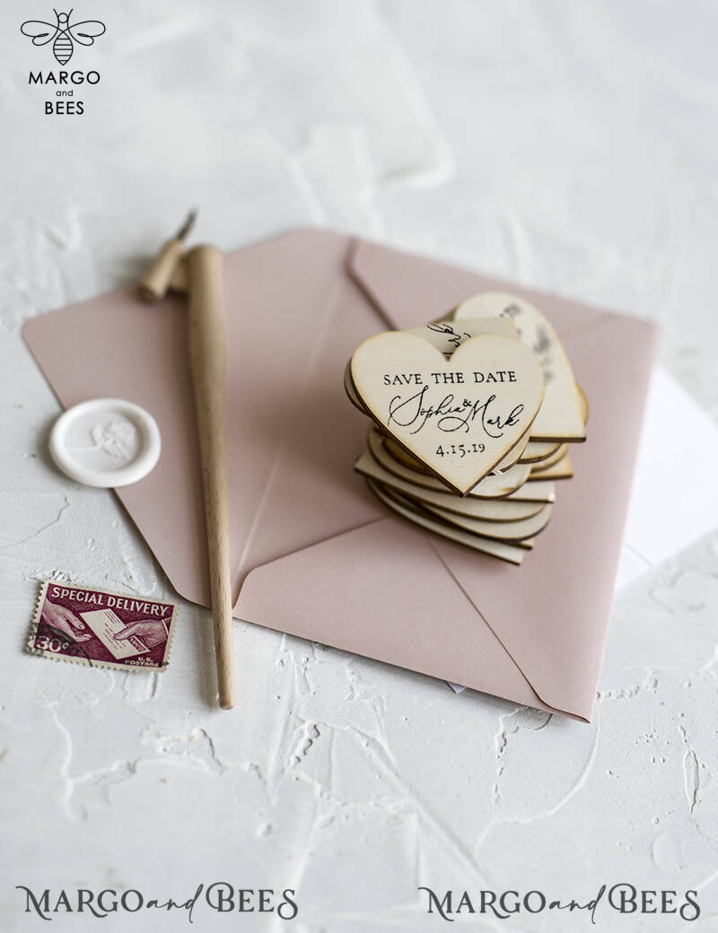 Save the Date Card with Geometric greenery Heart with Personalised Rustic Wooden Fridge Magnet -5