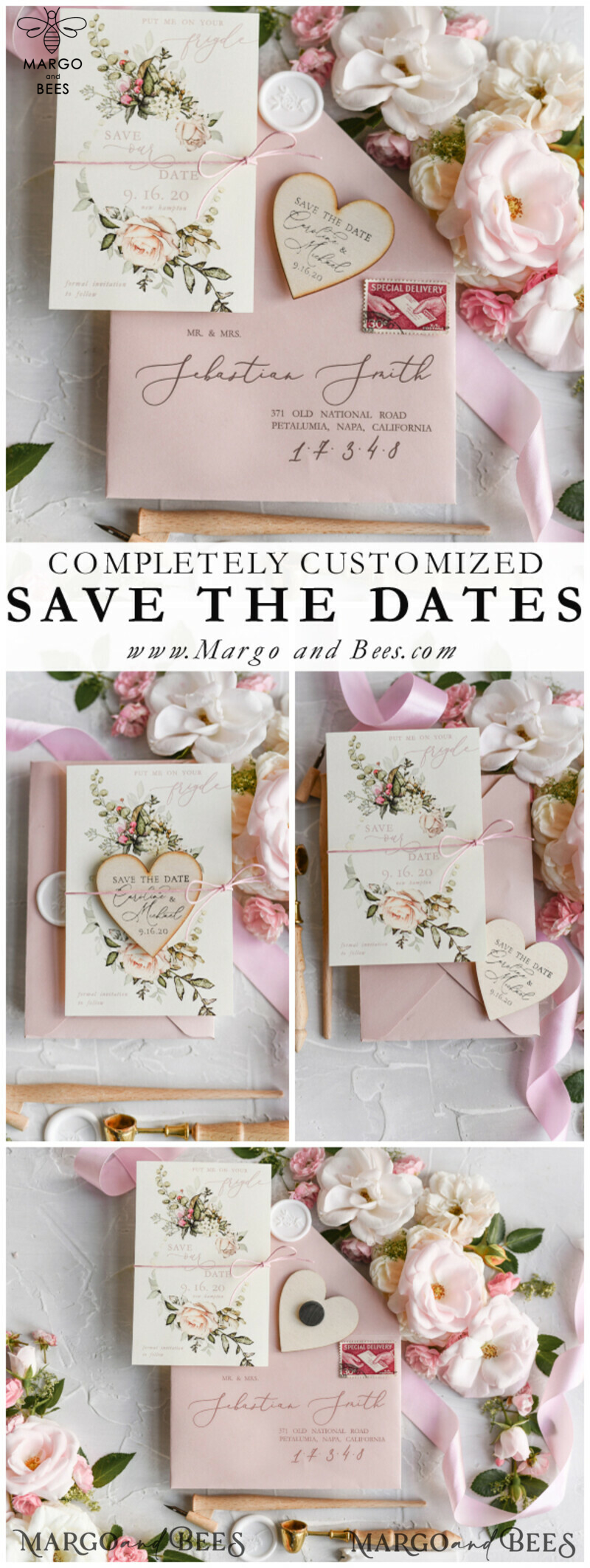 Handmade Save the Date Magnets Cards: Wedding Save The Date Card and Heart Magnet with Blush Pink Save Our Date Wood Magnets-2
