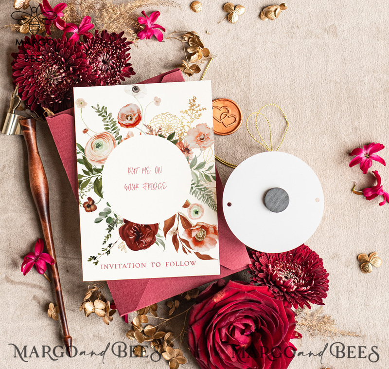 Personalised Maroon Save the Date circle Magnet and Card, boho Wedding Save The Dates Acrylic golden mirror magnet-3