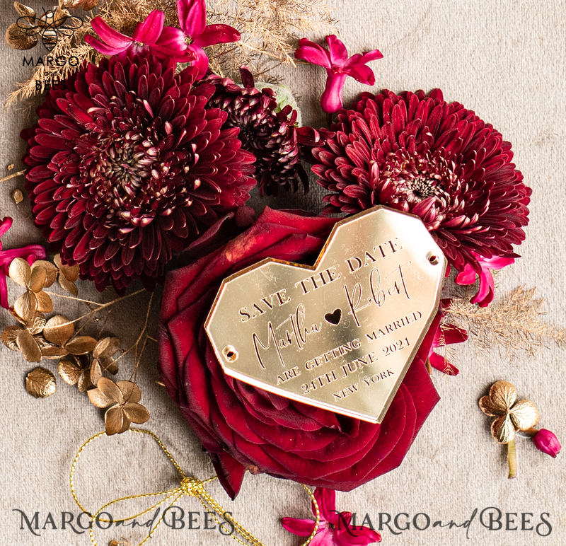 Luxory Save the Date Heart Magnet and Card, Gold Marrone Elegant Wedding Save The Dates Acrylic Heart-3