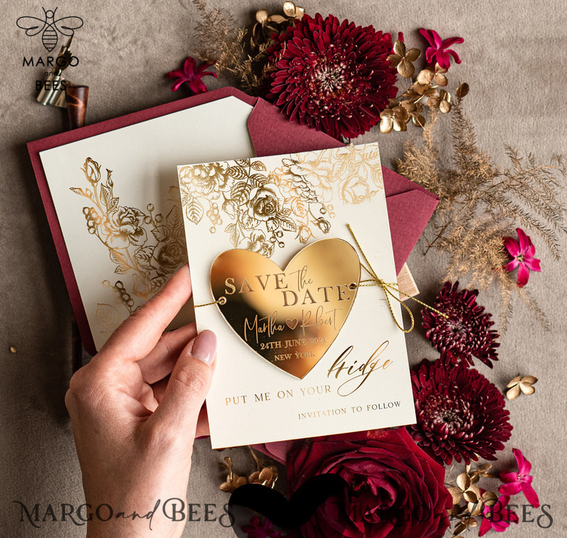 Personalised Save the Date Heart Magnet and Card, Gold burgundy Elegant Wedding Save The Dates Acrylic Heart-4