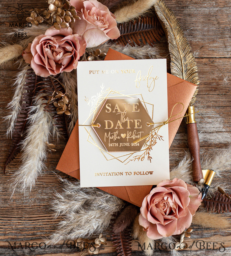 Personalised Save the Date Hexagon Acrylic Magnet and Card, Gold Terracotta Elegant Wedding Save The Dates Acrylic Magnets, boho Save The Date Cards-1