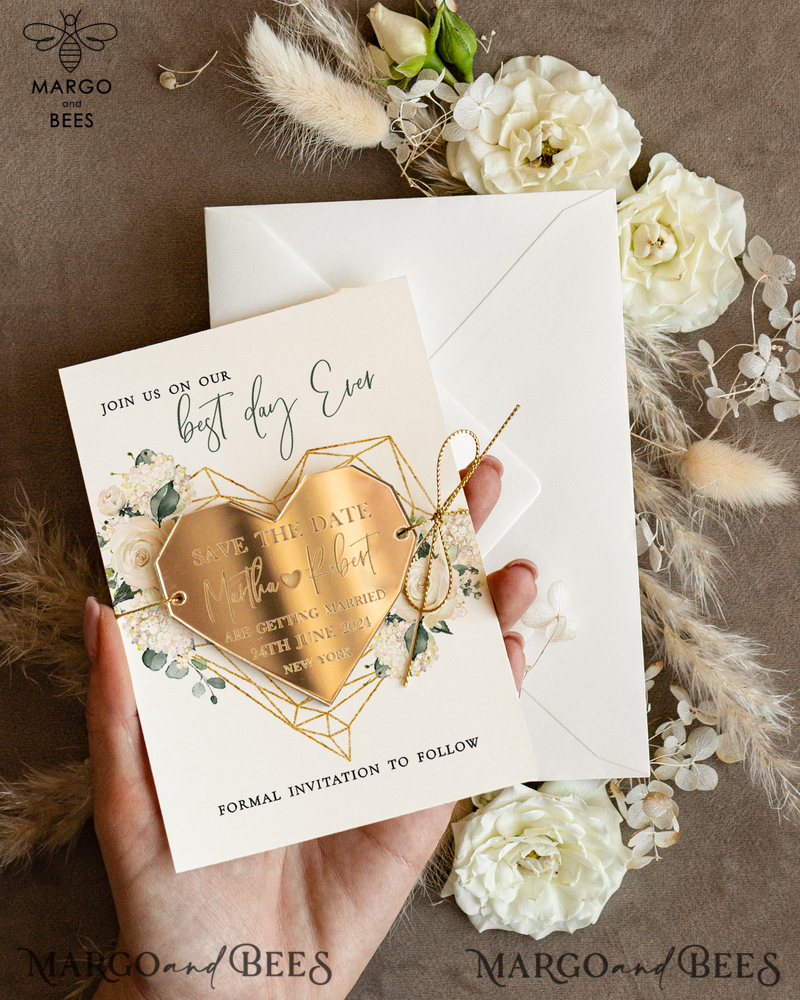 Personalised Save the Date Heart Magnet and Card, Elegant Wedding Save The Dates Acrylic golden Magnets-3