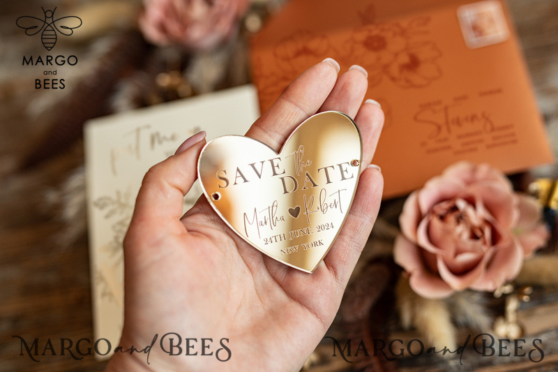 Personalised Save the Date Heart Magnet and Card, Gold Terracotta Elegant Wedding Save The Dates Acrylic Heart, Velvet Save The Date Cards-3