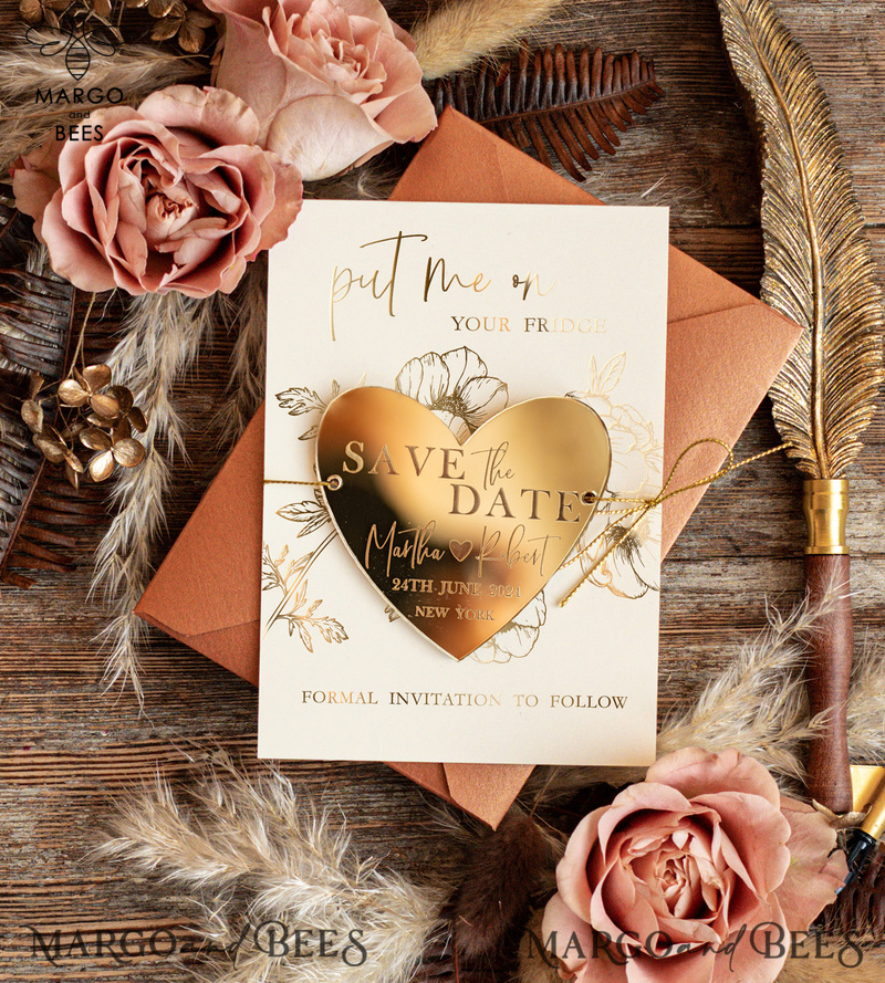 Personalised Save the Date Heart Magnet and Card, Gold Terracotta Elegant Wedding Save The Dates Acrylic Heart, Velvet Save The Date Cards-1