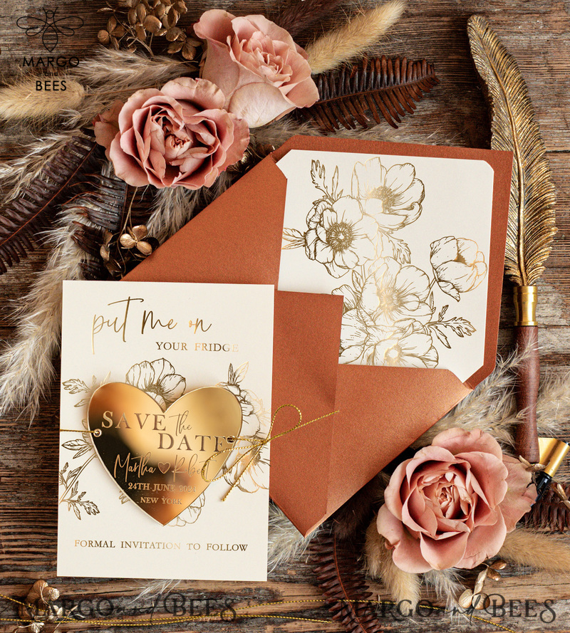 Personalised Save the Date Heart Magnet and Card, Gold Terracotta Elegant Wedding Save The Dates Acrylic Heart, Velvet Save The Date Cards-0