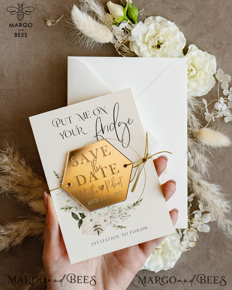 Personalised Gold Acrylic hexagon Save the Date Magnet and Card, ivory Wedding Save The Dates Plexi Magnets, Wedding Boho Save The Date Cards-2