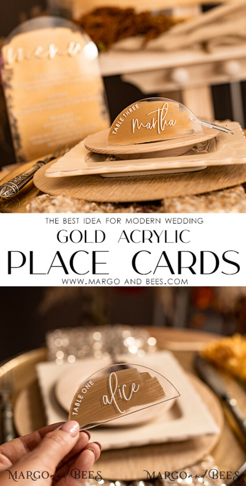 Modern Arch Gold Acrylic Place Card with Stand, Arch Clear Name Card, Premium Luxury Place Card-3