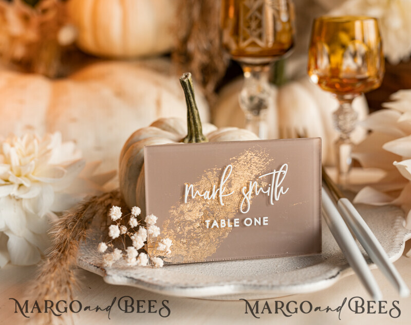 Wedding accessories in beige and gold. Acrylic Beige place Cards With Stand , Clear Acrylic And Gold Name place Cards-1