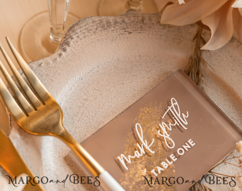 Wedding accessories in beige and gold. Acrylic Beige place Cards With Stand , Clear Acrylic And Gold Name place Cards-10