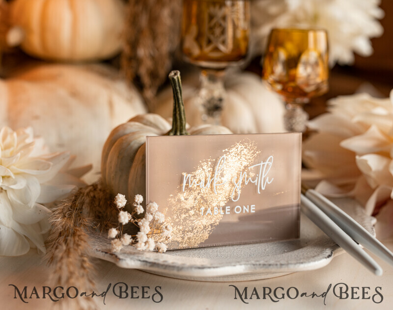 Wedding accessories in beige and gold. Acrylic Beige place Cards With Stand , Clear Acrylic And Gold Name place Cards-11