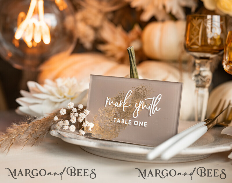 Wedding accessories in beige and gold. Acrylic Beige place Cards With Stand , Clear Acrylic And Gold Name place Cards-12