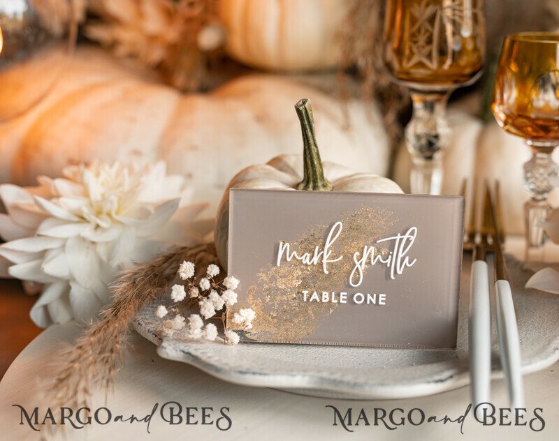 Wedding accessories in beige and gold. Acrylic Beige place Cards With Stand , Clear Acrylic And Gold Name place Cards-13