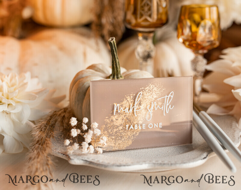 Wedding accessories in beige and gold. Acrylic Beige place Cards With Stand , Clear Acrylic And Gold Name place Cards-14