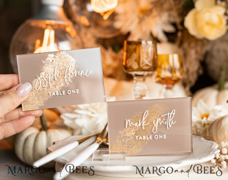 Wedding accessories in beige and gold. Acrylic Beige place Cards With Stand , Clear Acrylic And Gold Name place Cards-2