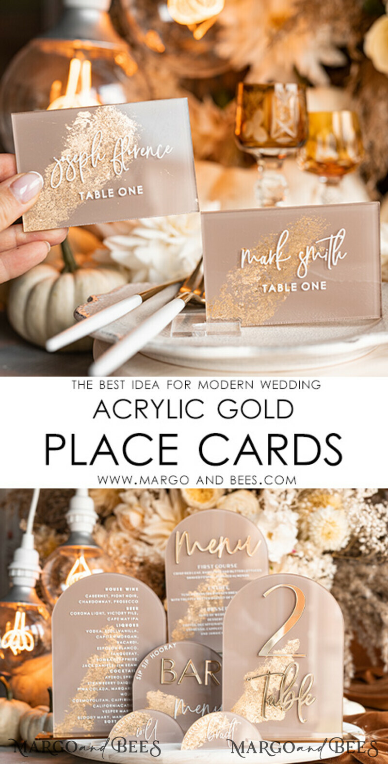 Wedding accessories in beige and gold. Acrylic Beige place Cards With Stand , Clear Acrylic And Gold Name place Cards-3