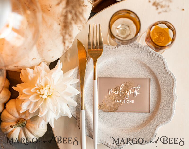 Wedding accessories in beige and gold. Acrylic Beige place Cards With Stand , Clear Acrylic And Gold Name place Cards-5