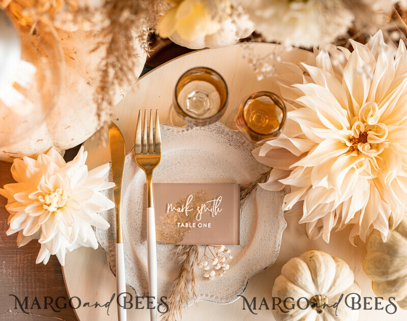 Wedding accessories in beige and gold. Acrylic Beige place Cards With Stand , Clear Acrylic And Gold Name place Cards-6