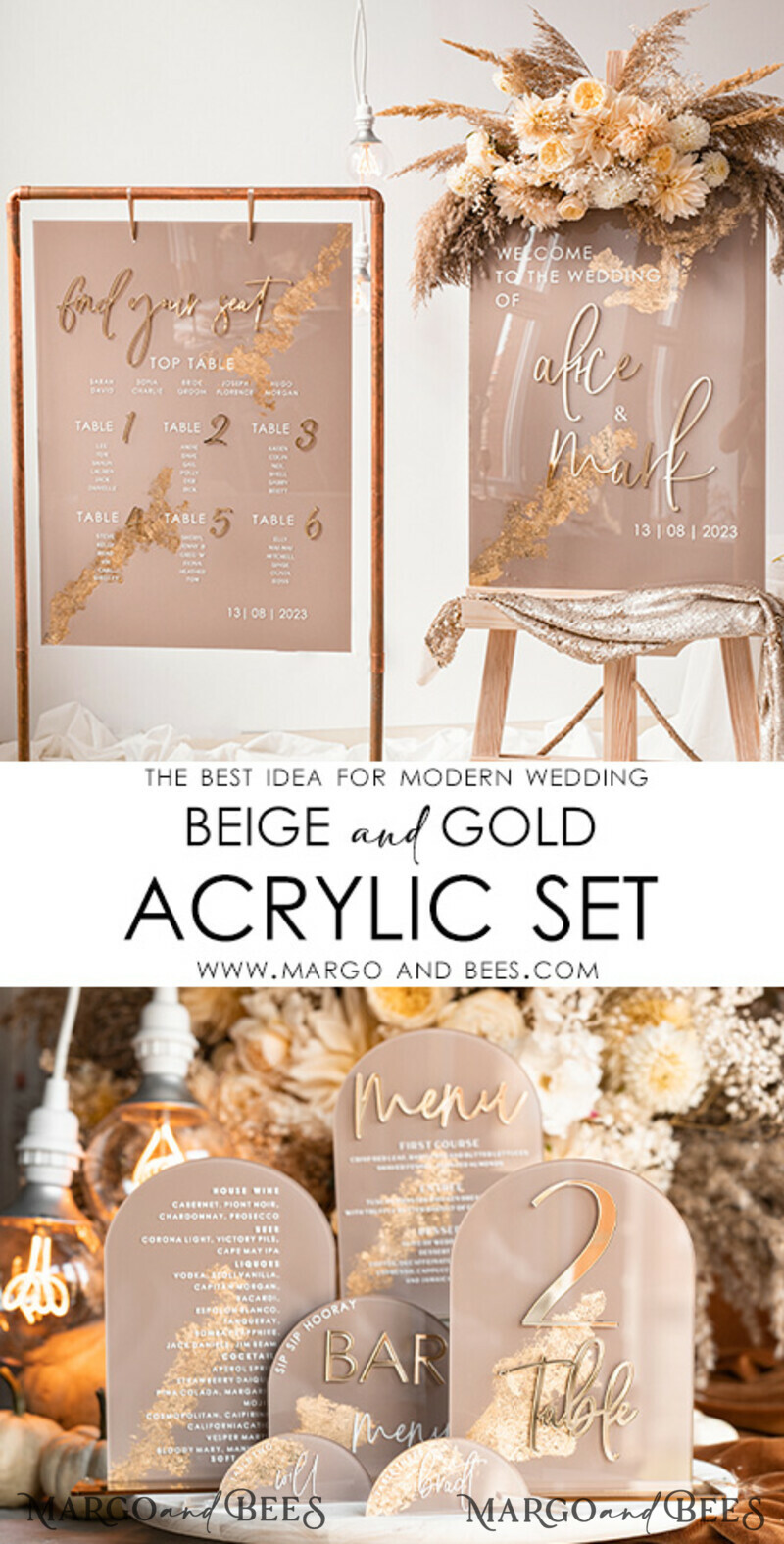 Wedding accessories in beige and gold. Acrylic Beige place Cards With Stand , Clear Acrylic And Gold Name place Cards-7