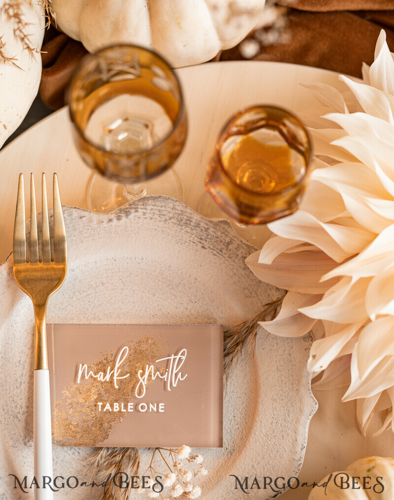 Wedding accessories in beige and gold. Acrylic Beige place Cards With Stand , Clear Acrylic And Gold Name place Cards-8