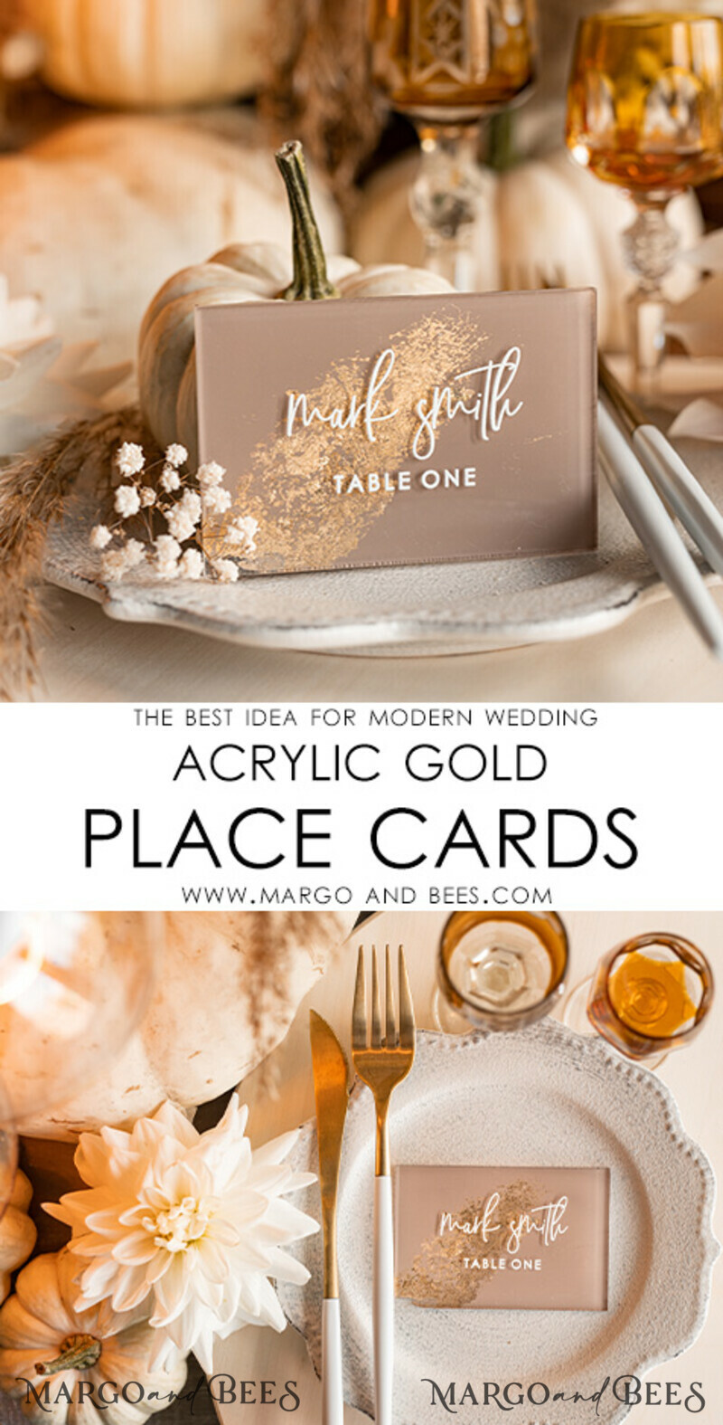 Wedding accessories in beige and gold. Acrylic Beige place Cards With Stand , Clear Acrylic And Gold Name place Cards-9