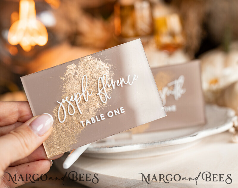 Wedding accessories in beige and gold. Acrylic Beige place Cards With Stand , Clear Acrylic And Gold Name place Cards-0