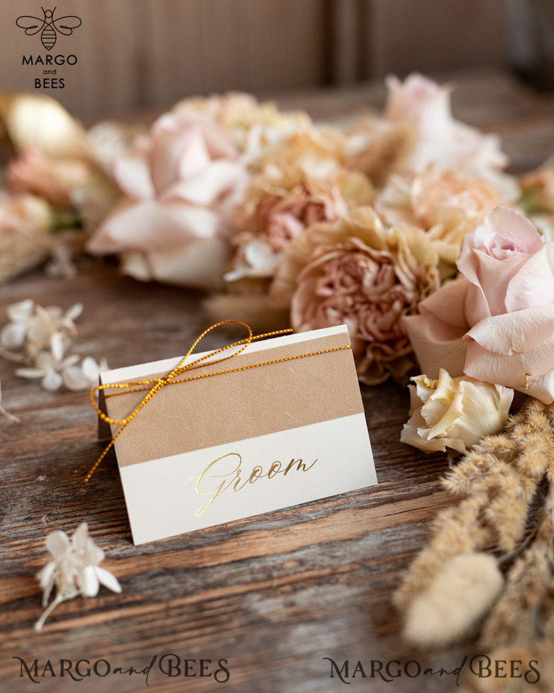 Personalized Elegant velvet  Place card, Gold Beige Luxurious Seating Cards, Escort Cards-0