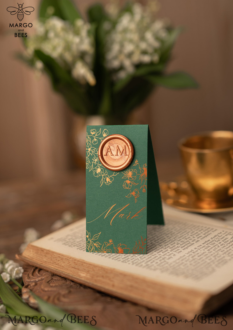 Personalized shiny gold wedding place card, copper seal wedding card-0