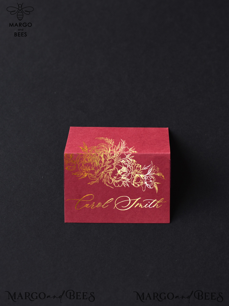 Matching Gold Burgundy Place cards, Foil Luxurious Mauve Seating Cards, Elegant escort cards-1