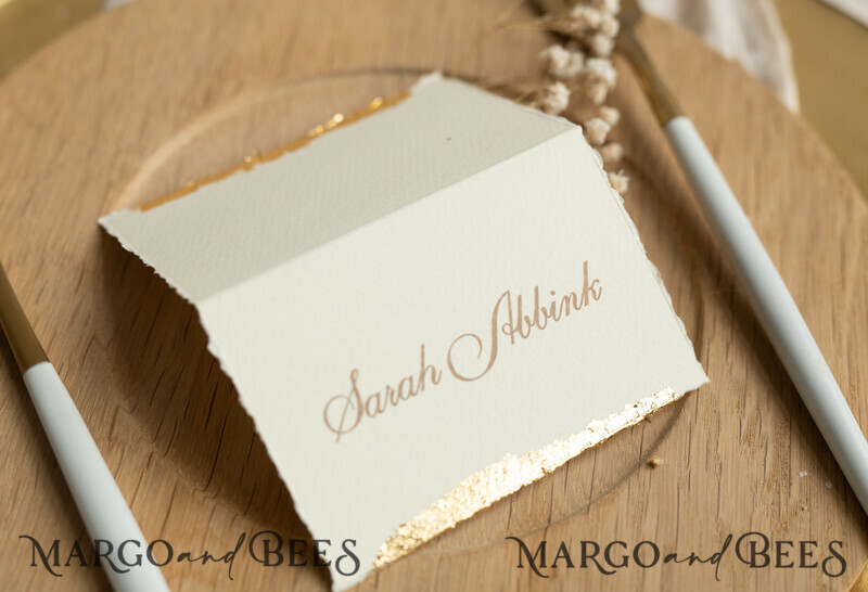 Romantic Gold Foil Wedding Place Cards, Ivory Wedding Escort Card with deckled edges, Elegant place cards, Personalized wedding decoration-4