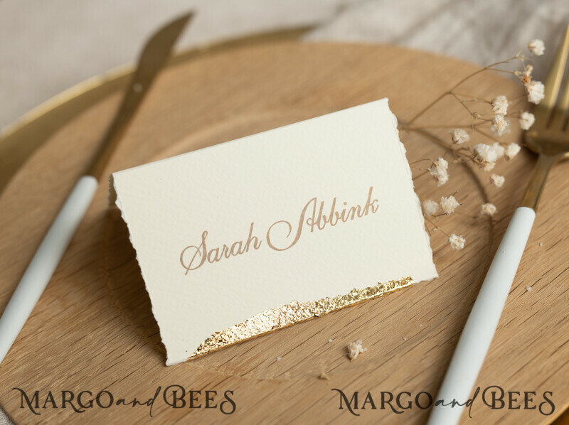 Romantic Gold Foil Wedding Place Cards, Ivory Wedding Escort Card with deckled edges, Elegant place cards, Personalized wedding decoration-1
